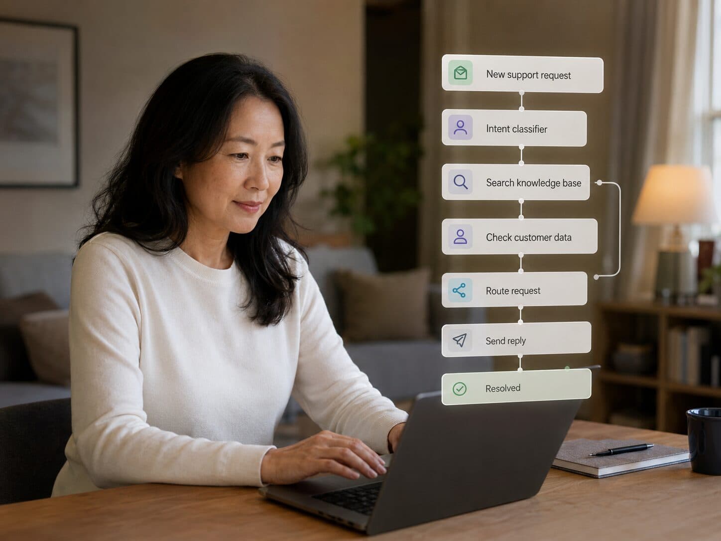 An agent triaging support requests — classify the intent, search the knowledge base, check customer data, route, reply, resolve — running alongside its owner.