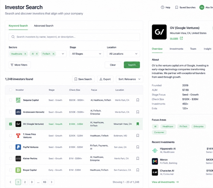Investor database UI with sector filters, search, and detail panel