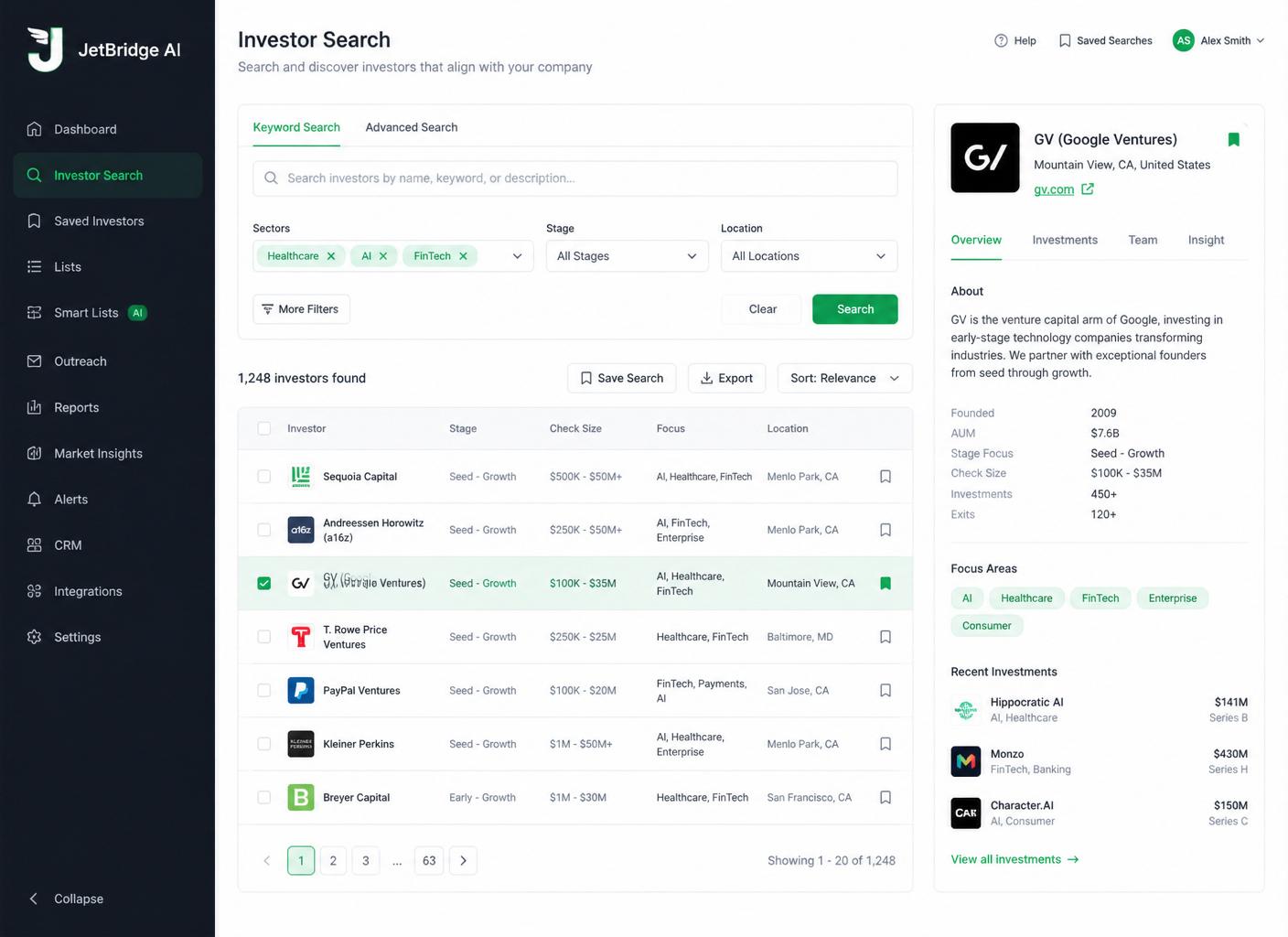 Investor database UI with sector filters, search, and detail panel